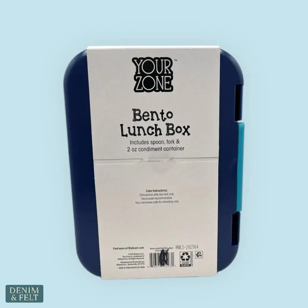Your Zone Blue Bento Lunch Box with Utensils Condiment Container Dishwasher Safe